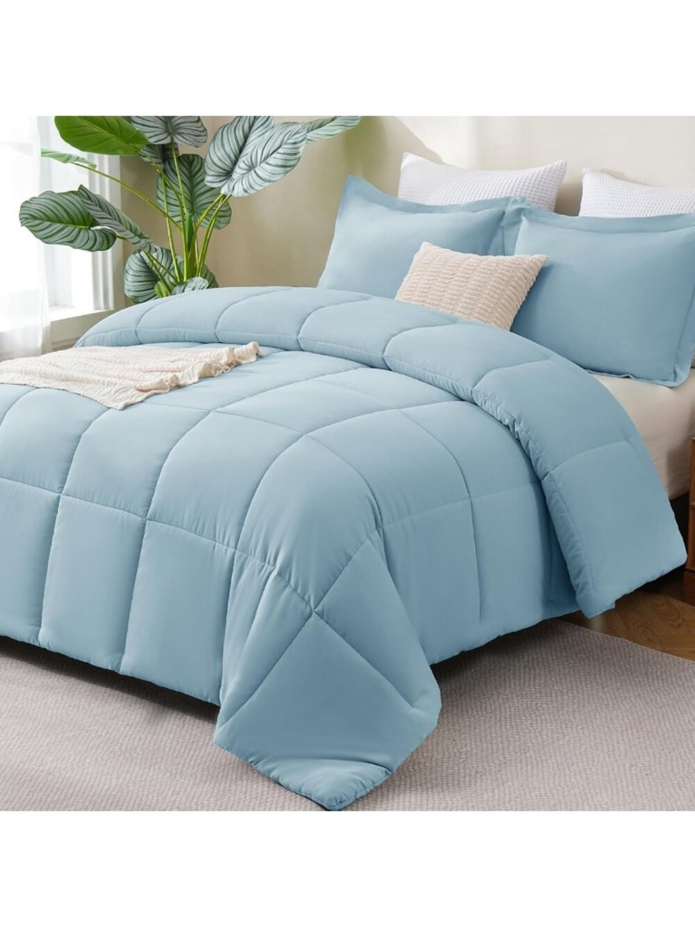 Cozy King Size 3-Piece Comforter Set - Box-Stitched Design, Light Blue Bedding